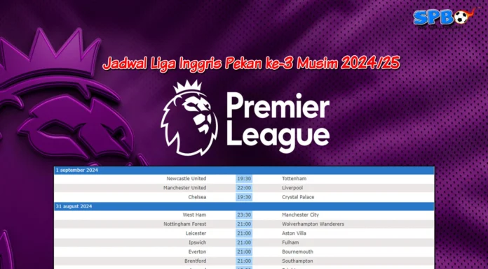 Jadwal Pertandingan Liga Inggris Premier League Pekan ke-3: 31 Agustus – 1 September 2024